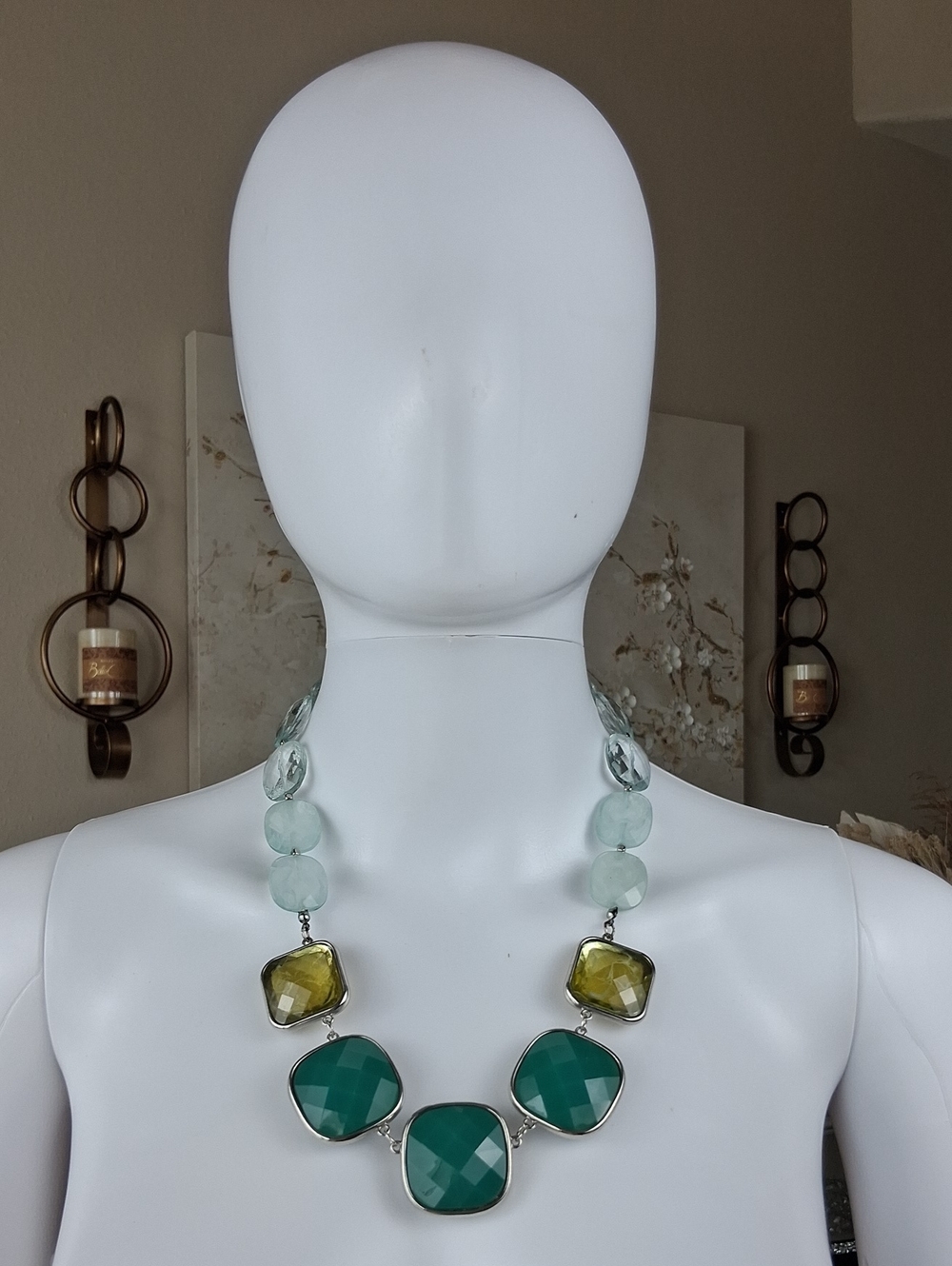 Silver Multi Stone Green Multi Summer Chunky Statement Necklace Women's Jewelry